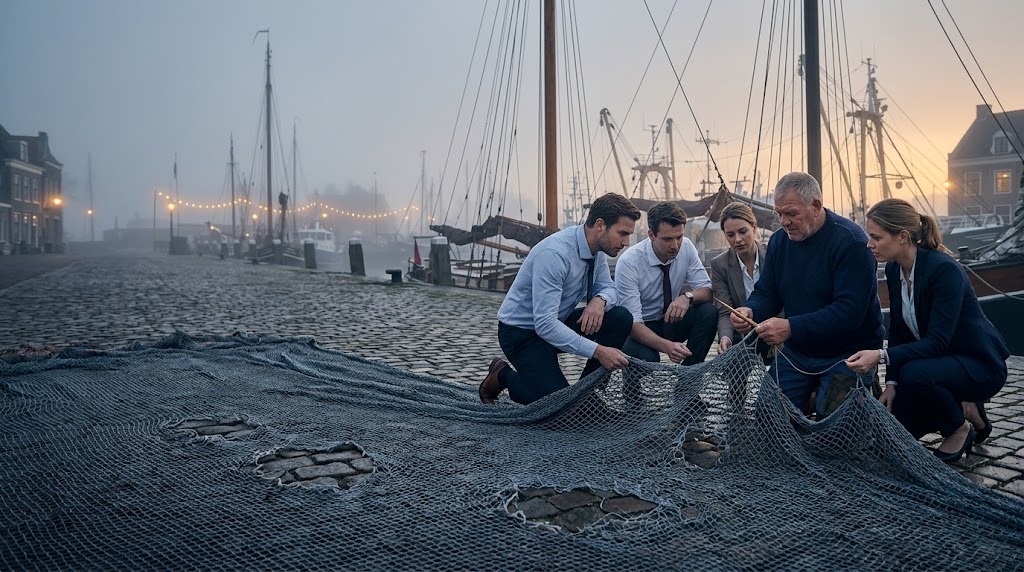 Op de havenkade wordt een visnet met gaten hersteld terwijl mensen in kantoorkleding meeknopen