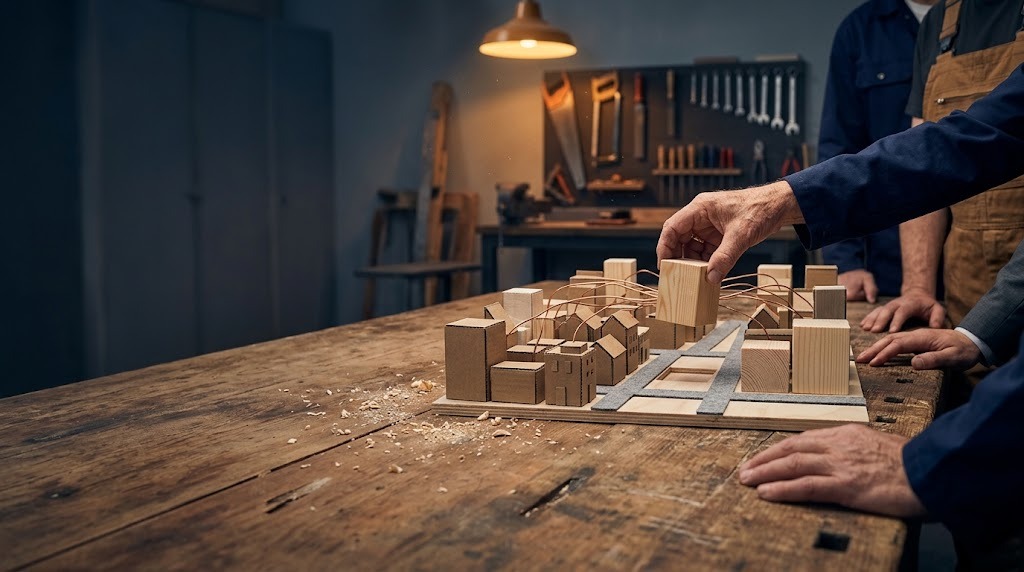 Handen verplaatsen een houten blok in een maquette van een organisatie, voordat de vergadering begint