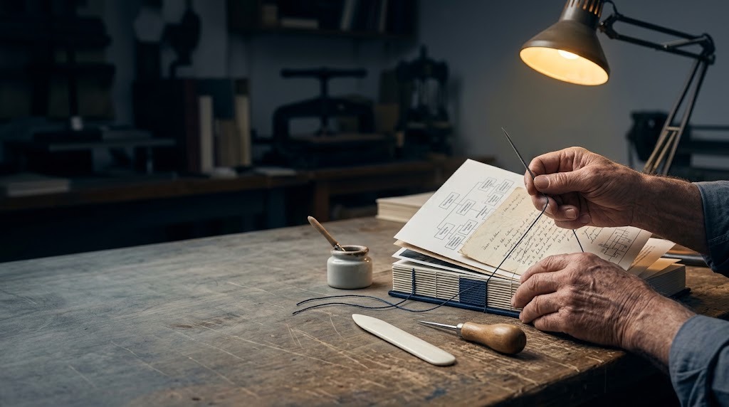 Losse vellen worden met naald en draad tot één boek genaaid: borging vanaf de eerste pagina