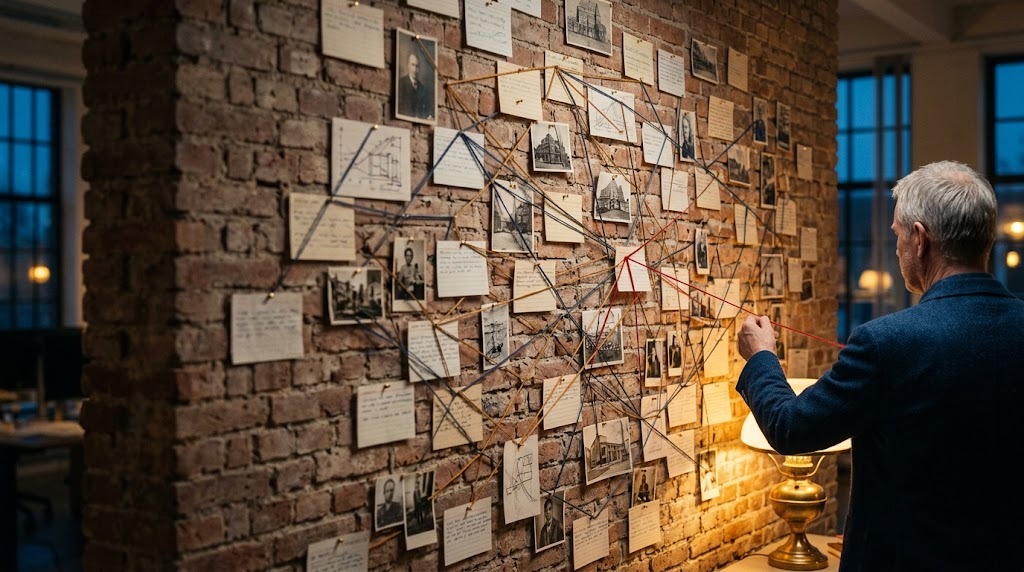 Bakstenen muur vol kaarten en foto’s, verbonden met gespannen draden: het planbord dat geen systeem is